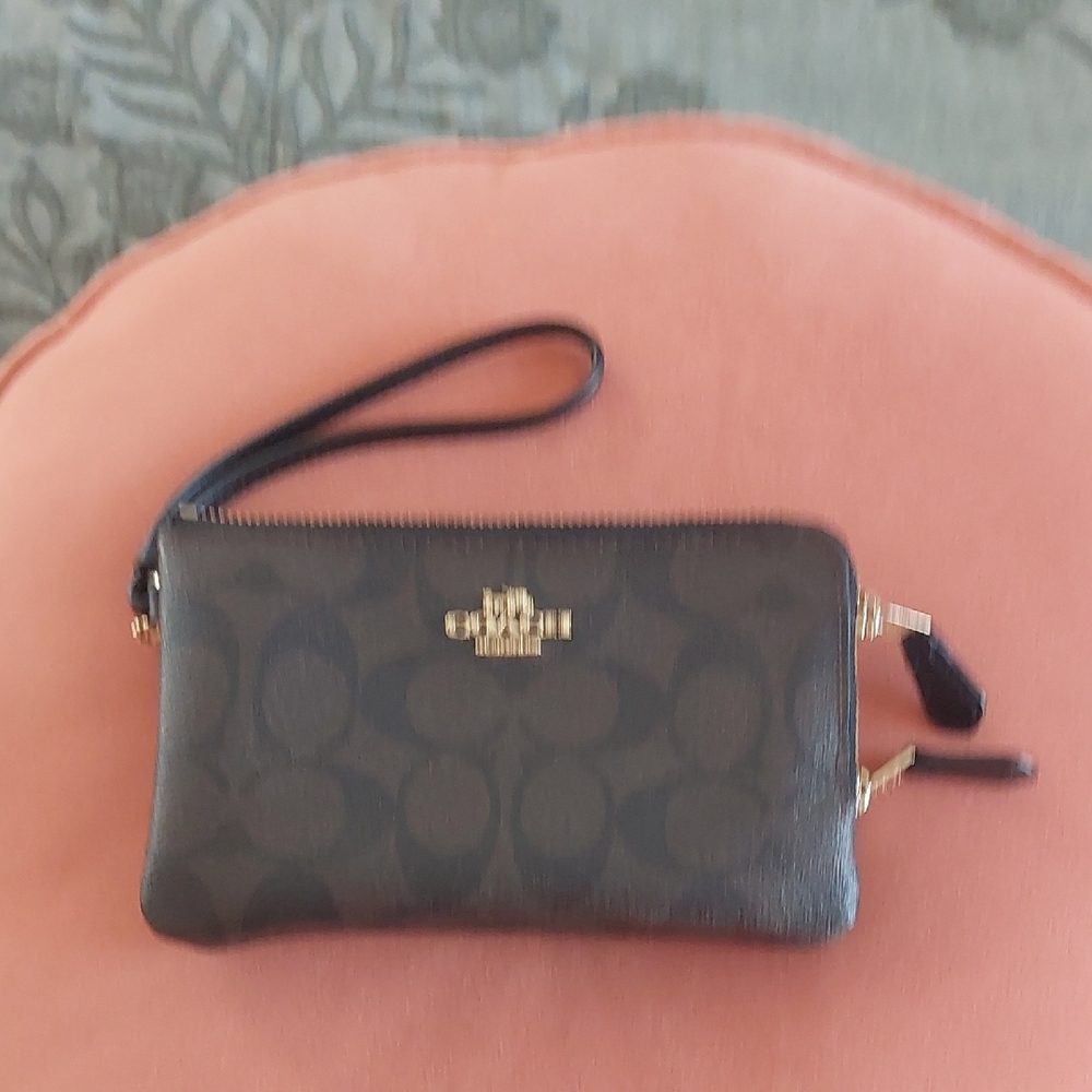 Coach Black/Brown Signature Double-Zip Wristlet with Gold Logo
